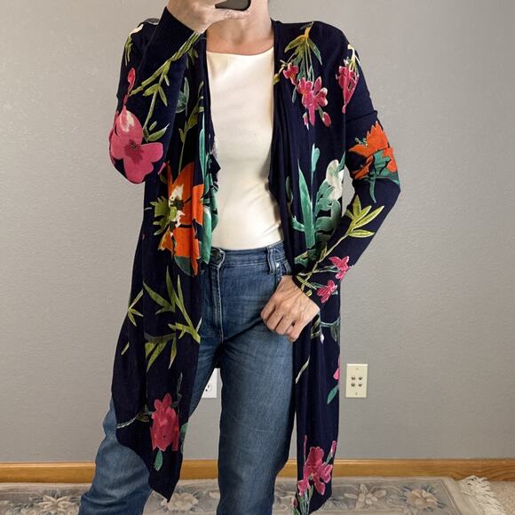 Desigual Womens Long Floral Jacket Sweater Cardigan Size L Lightweight Knit - Picture 1 of 9